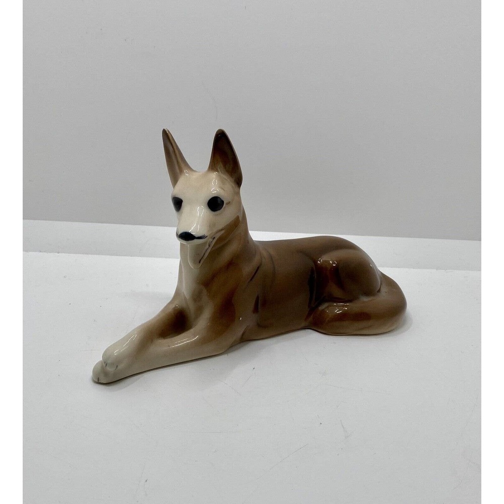 Vintage Dog German Shepherd figurine Paws Crossed Ceramic Porcelain 8” Brown